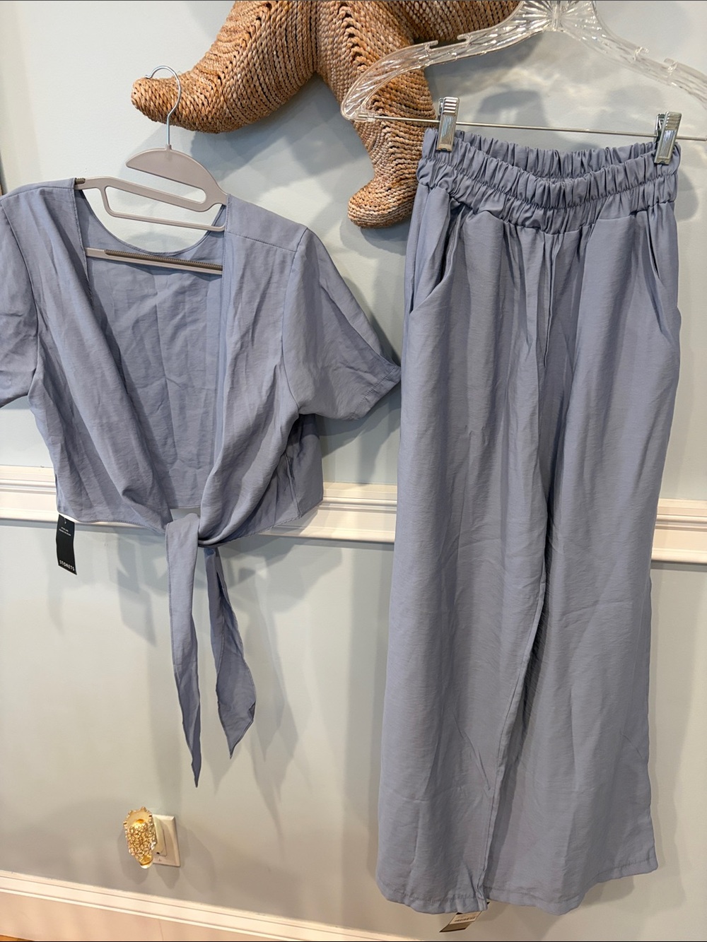 Storets Lyra Lettuce Hem Plisse Top & Wide-Leg Pants Set
